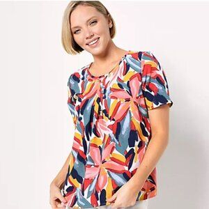 Denim & Co. Printed Pintuck Short Sleeve Blouse- Deep Teal Multi, Medium